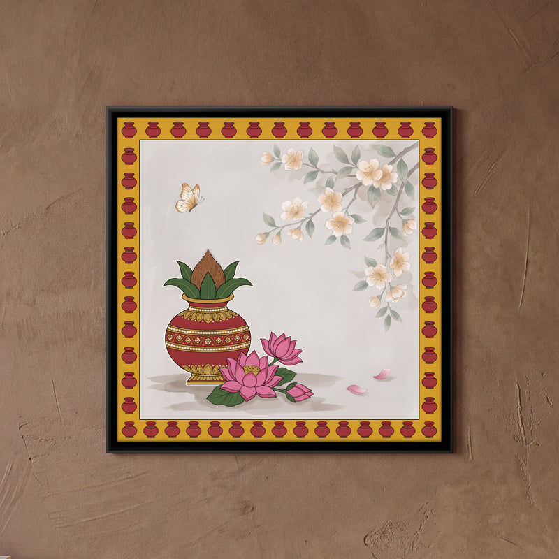 Kalash with Lotus Blooms - framed canvas art hung on a wall