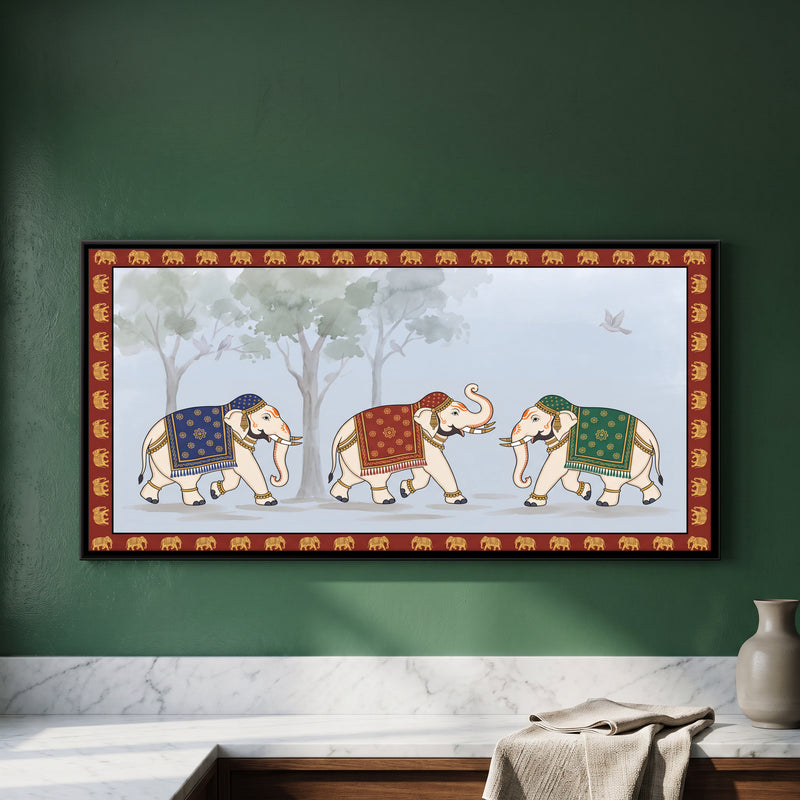 Three Elephants in Procession - framed canvas art hung on a wall