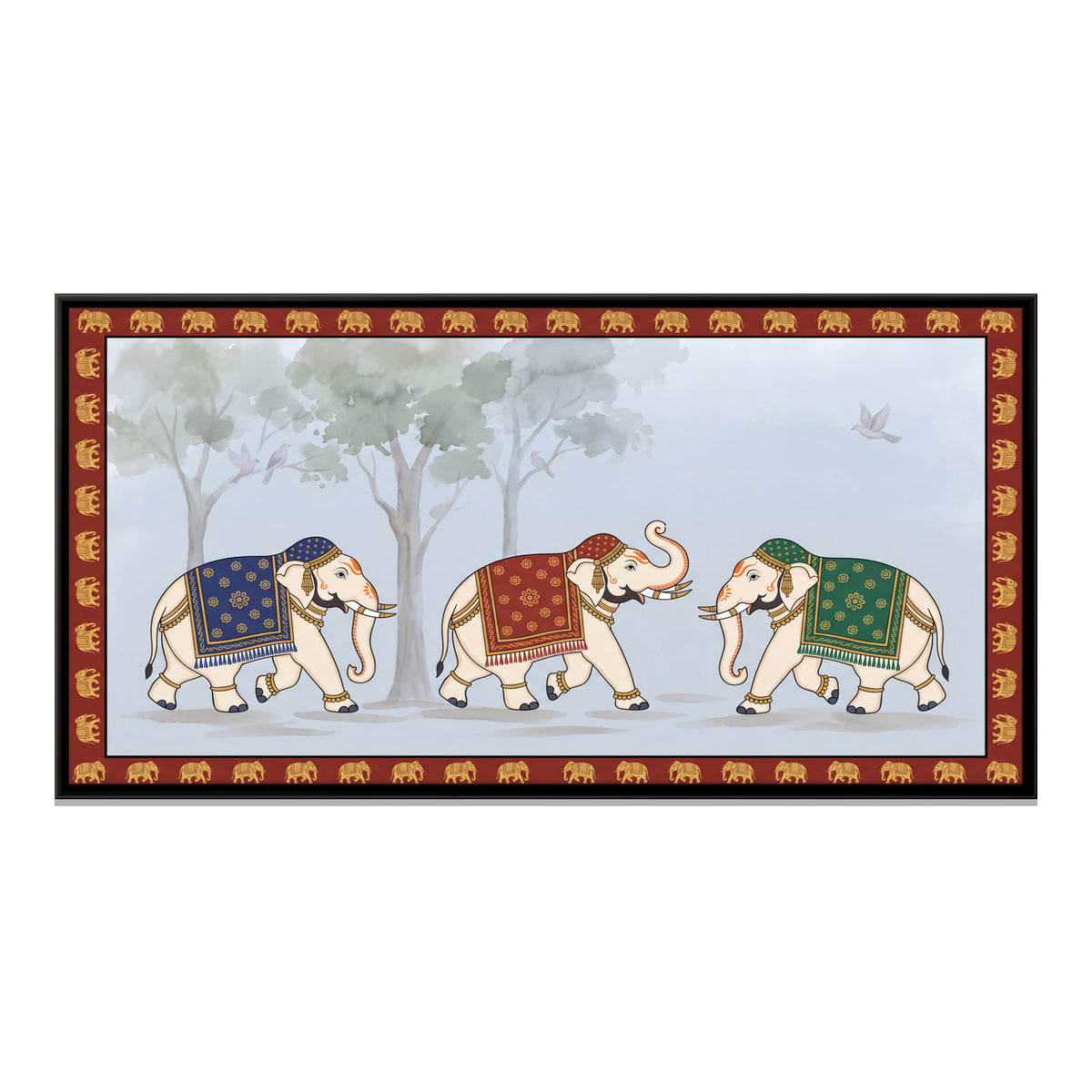 Three Elephants in Procession - framed canvas print, front view