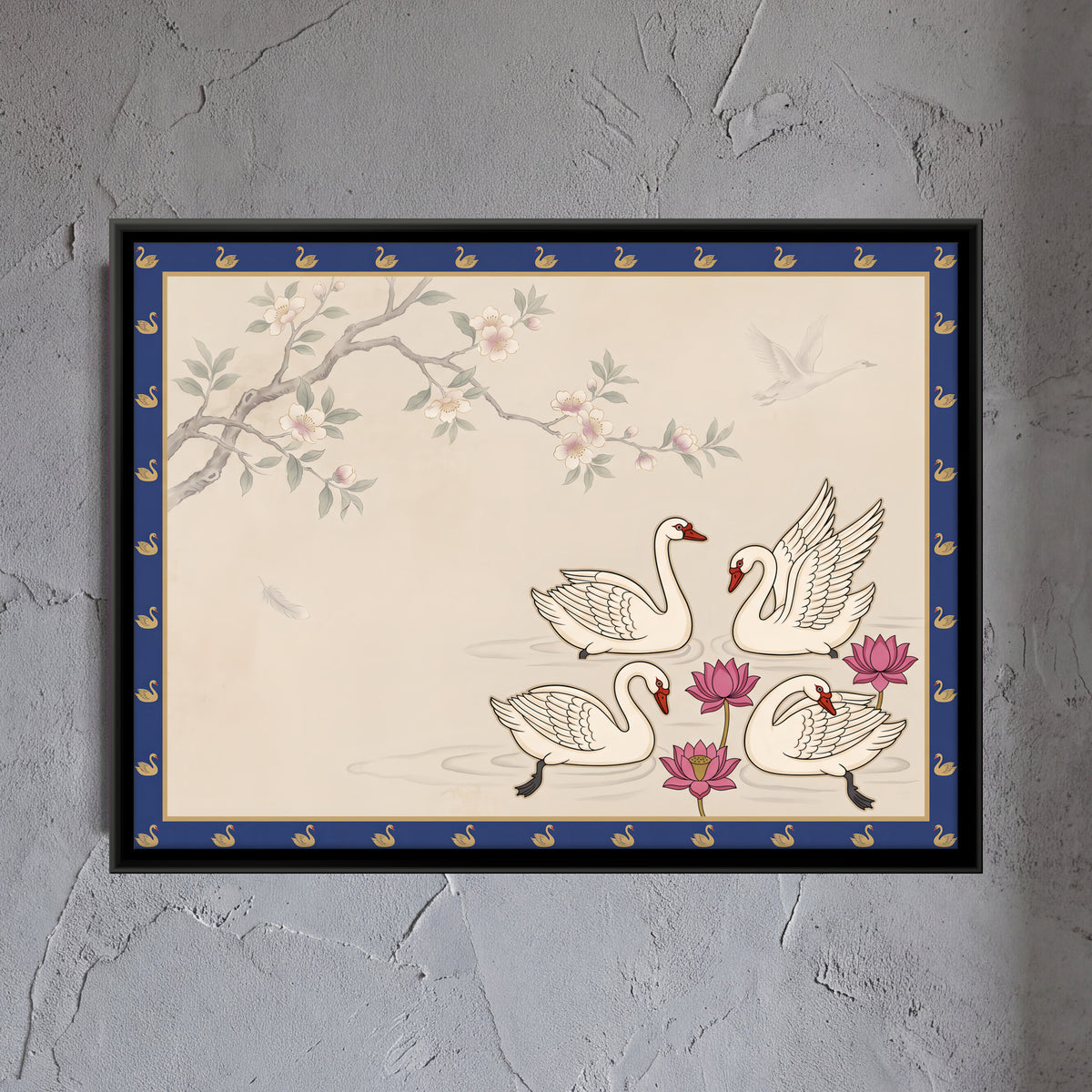 Swans Among Lotus Blooms - framed canvas art hung on a wall