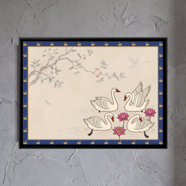 Four Swans Among Pink Lotus Blooms