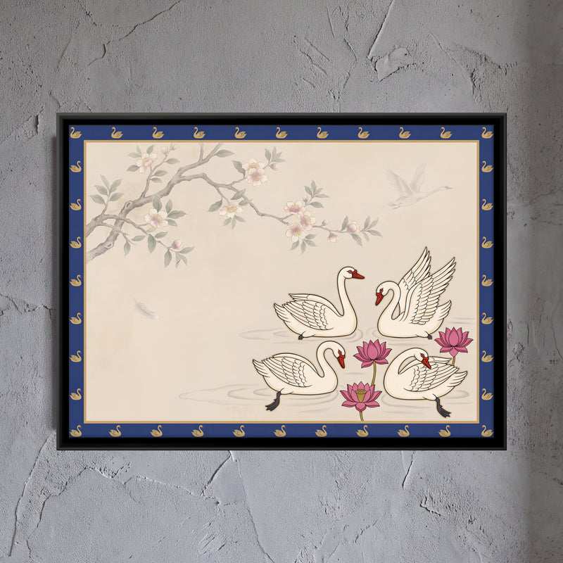 Swans Among Lotus Blooms - framed canvas art hung on a wall