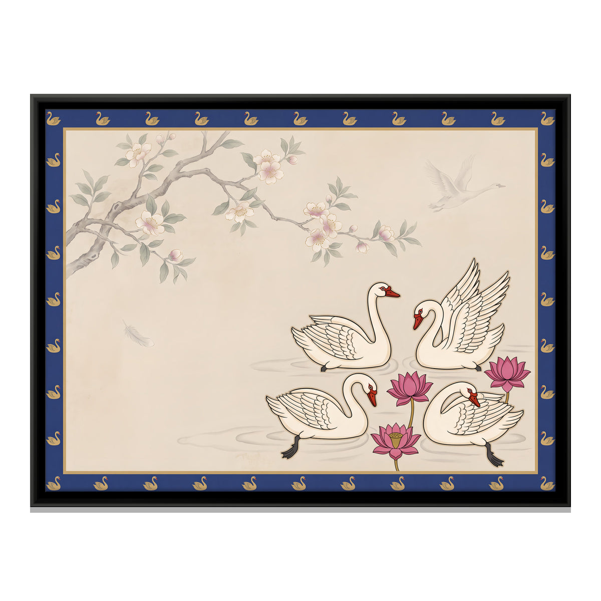 Swans Among Lotus Blooms - framed canvas print, front view