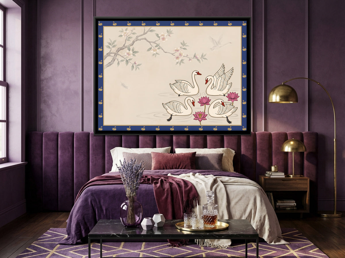 Swans Among Lotus Blooms - canvas art shown in a second room setting