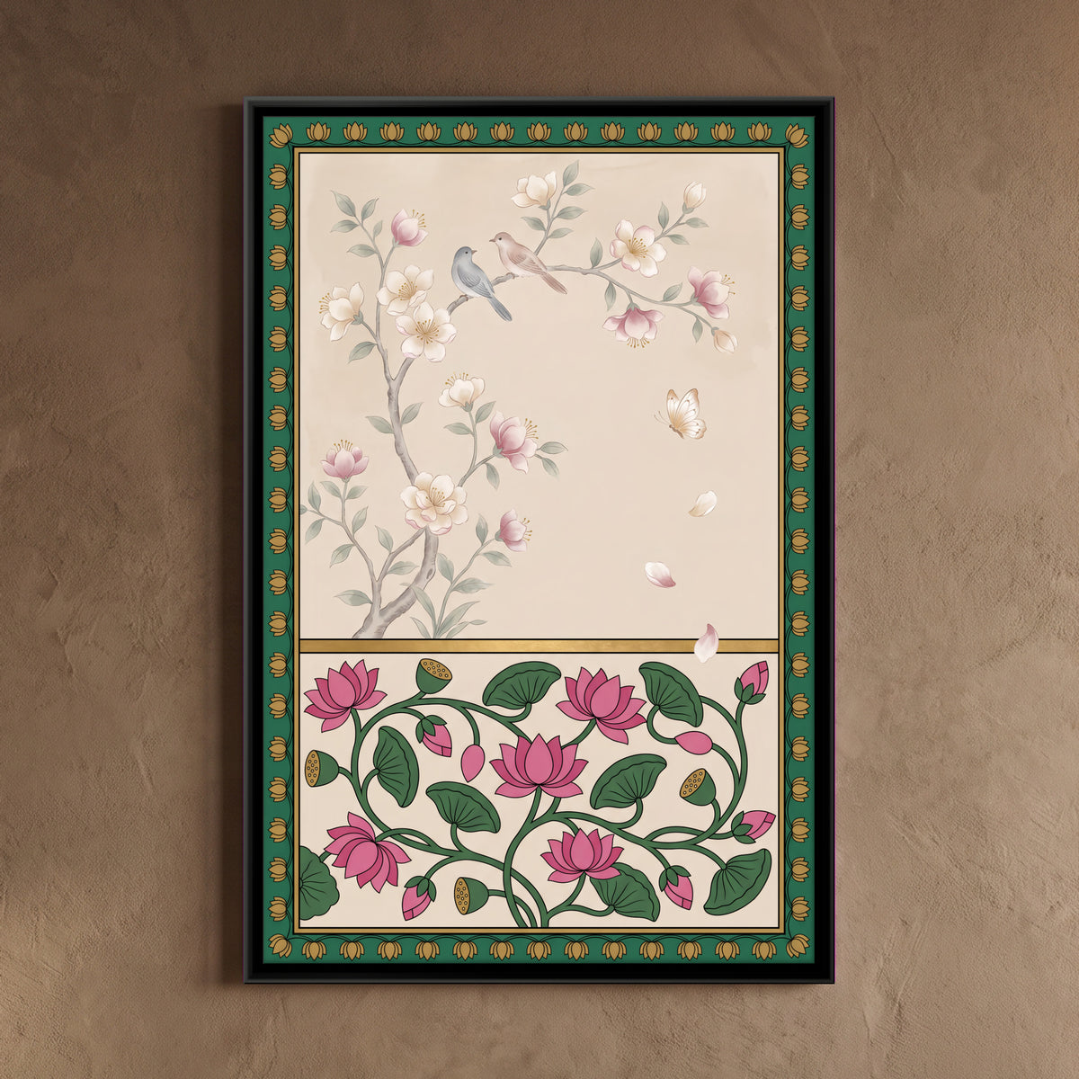 Lotus Vine and Blossom Branch - framed canvas art hung on a wall
