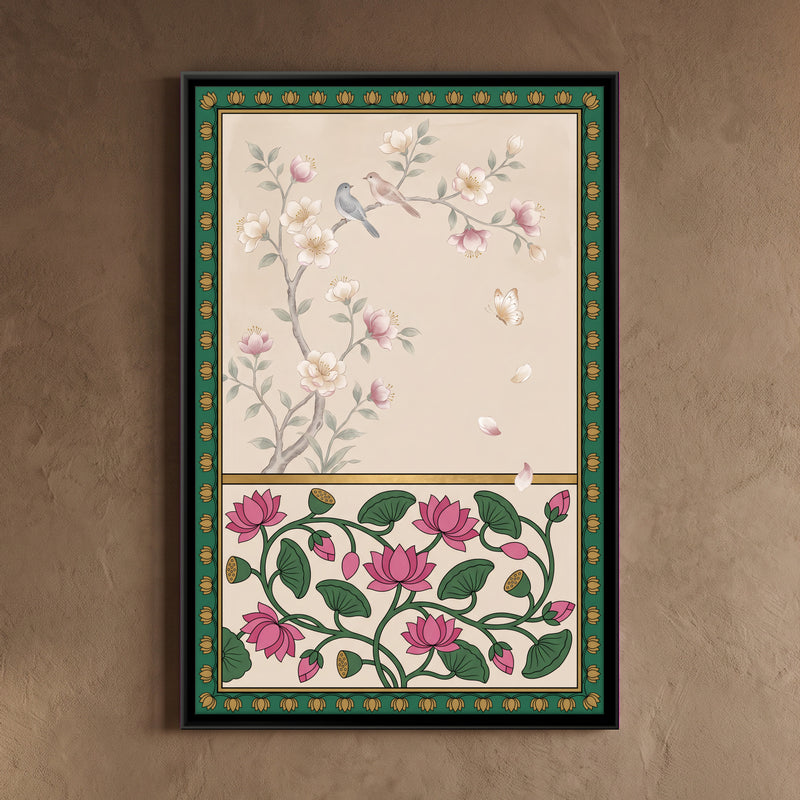 Lotus Vine and Blossom Branch - framed canvas art hung on a wall