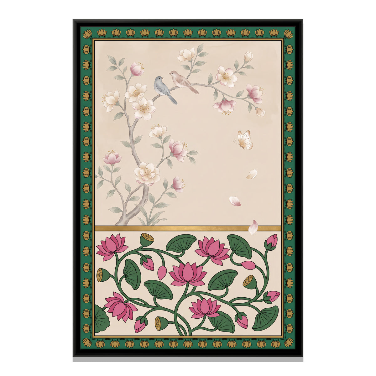 Lotus Vine and Blossom Branch - framed canvas print, front view