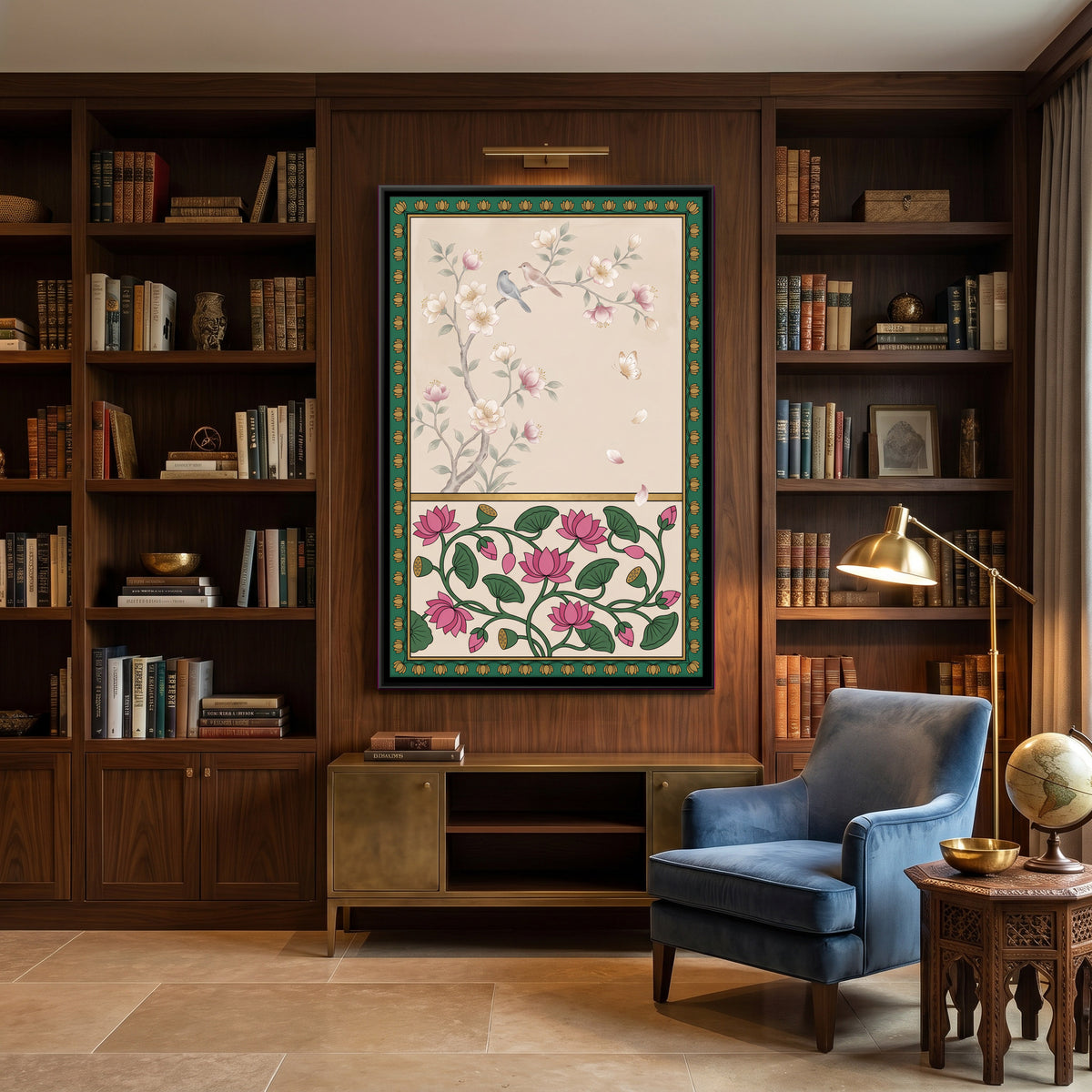 Lotus Vine and Blossom Branch - canvas art shown in a styled room