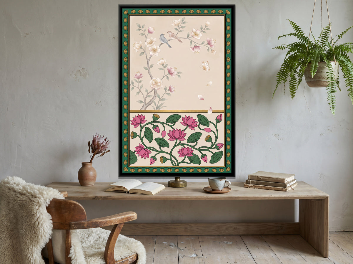 Lotus Vine and Blossom Branch - canvas art shown in a second room setting