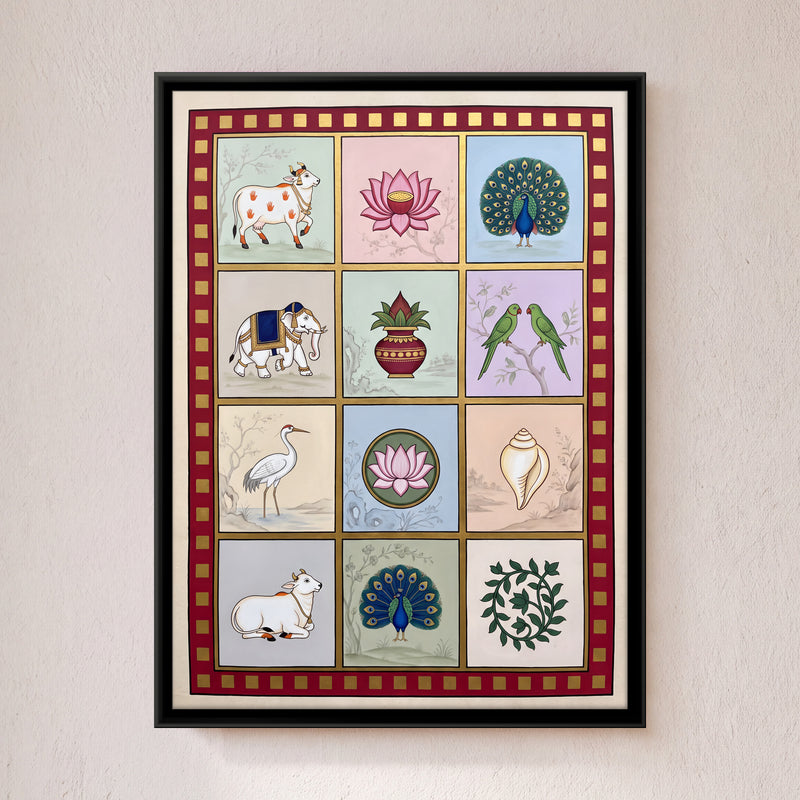 Twelve Auspicious Motifs - framed canvas art hung on a wall