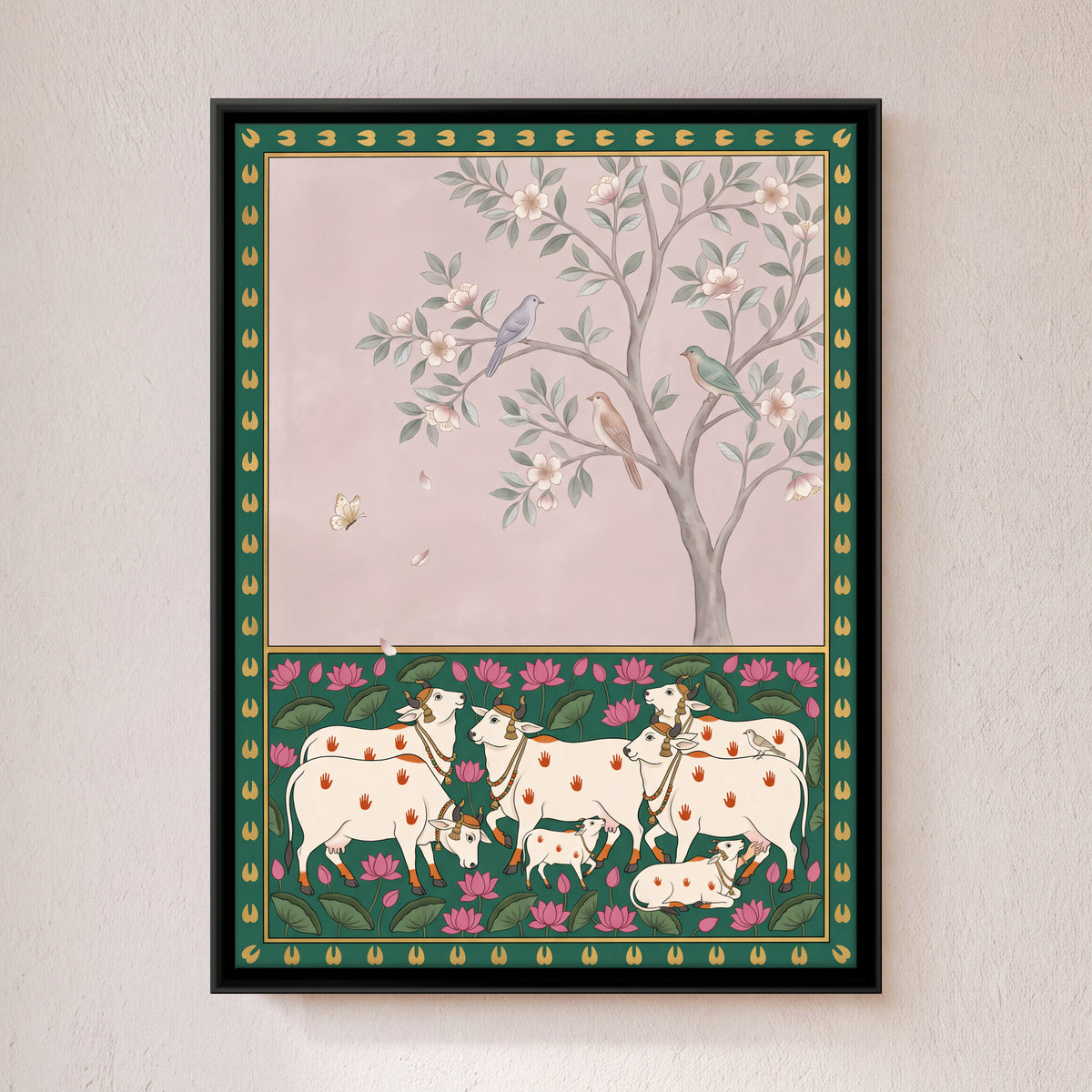 Cows Beneath a Flowering Tree - framed canvas art hung on a wall