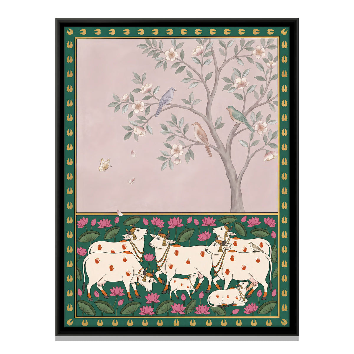 Cows Beneath a Flowering Tree - framed canvas print, front view