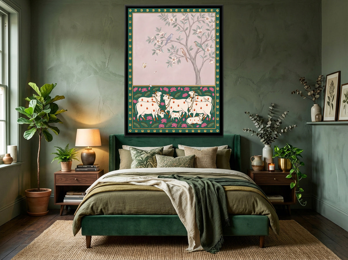 Cows Beneath a Flowering Tree - canvas art shown in a second room setting