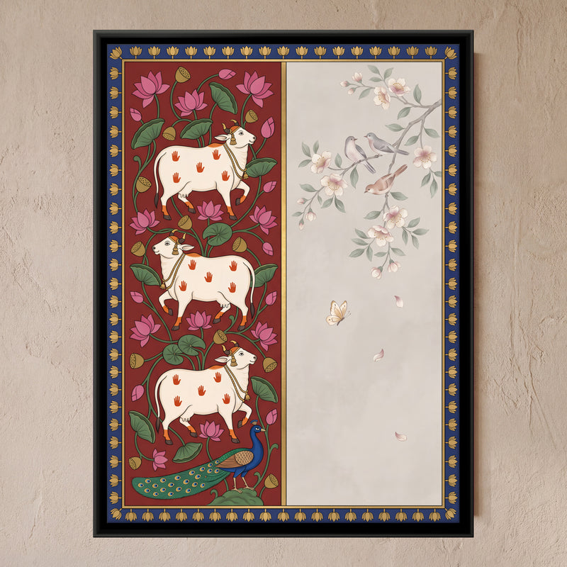 Cows and Peacock Among Lotus Blooms - framed canvas art hung on a wall