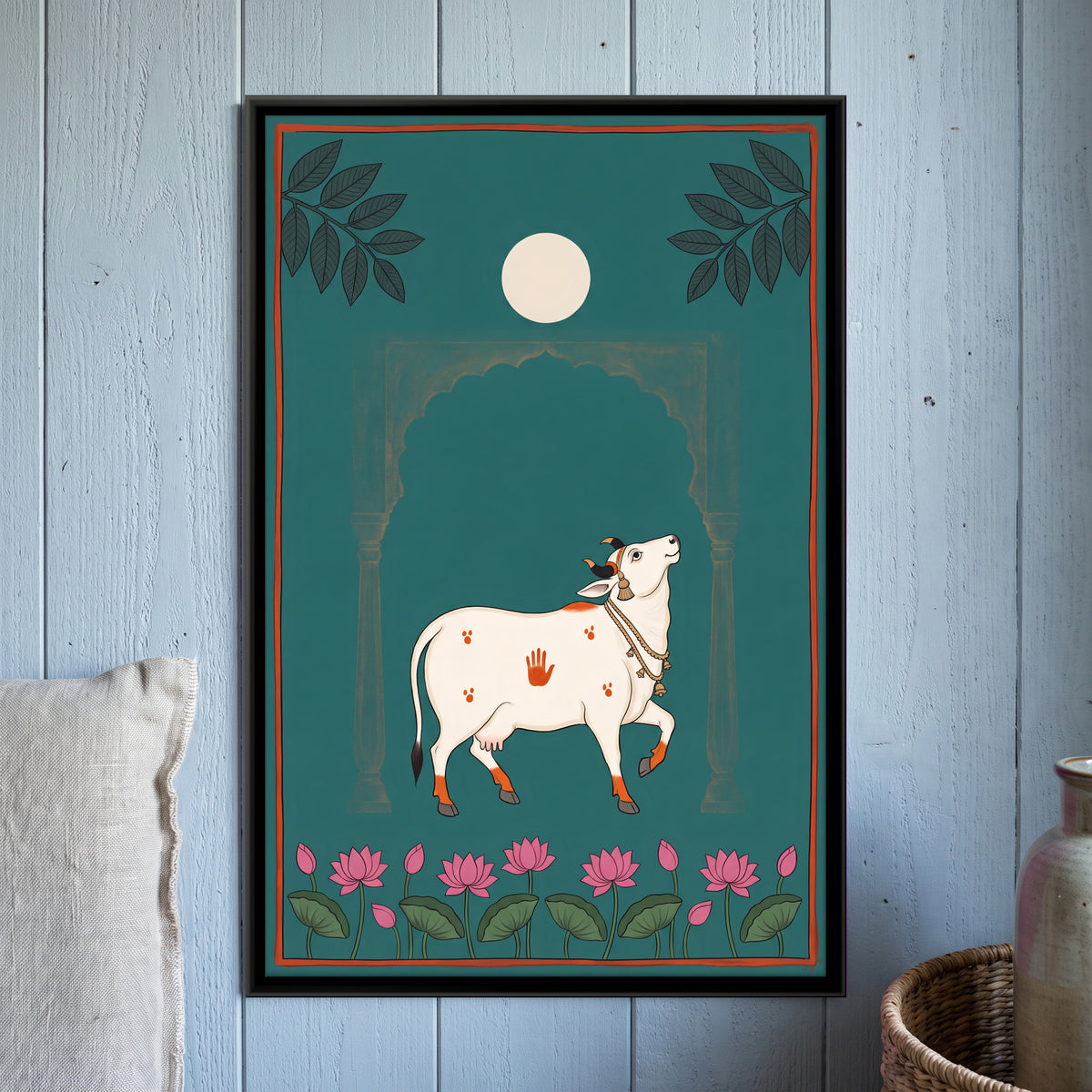 Gau Mata Beneath a Full Moon - framed canvas art hung on a wall