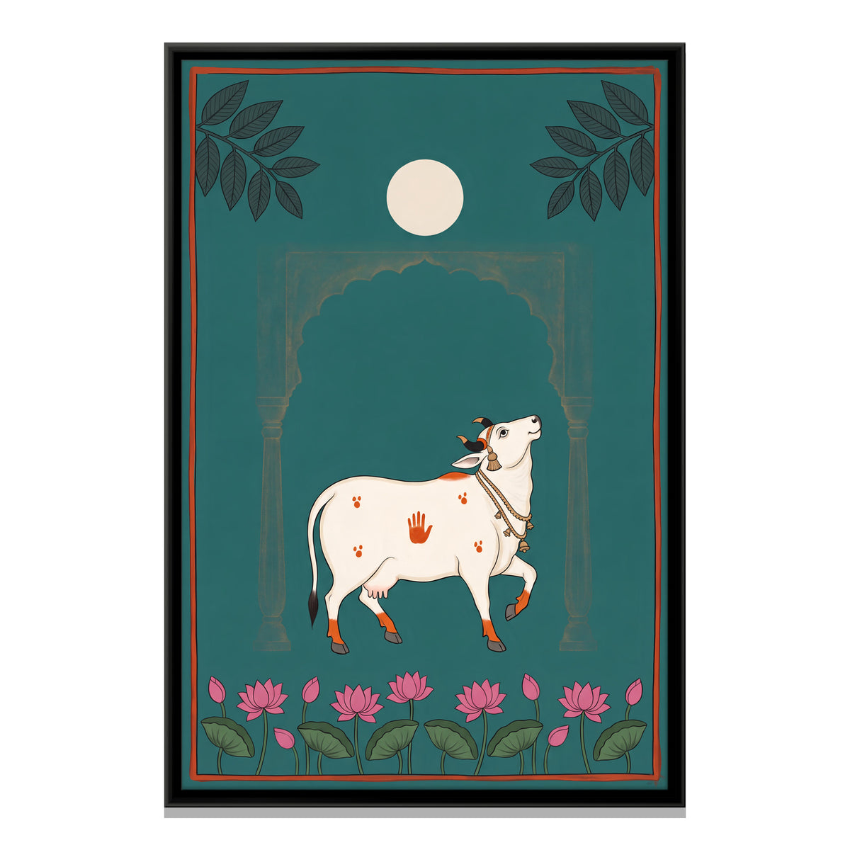 Gau Mata Beneath a Full Moon - framed canvas print, front view