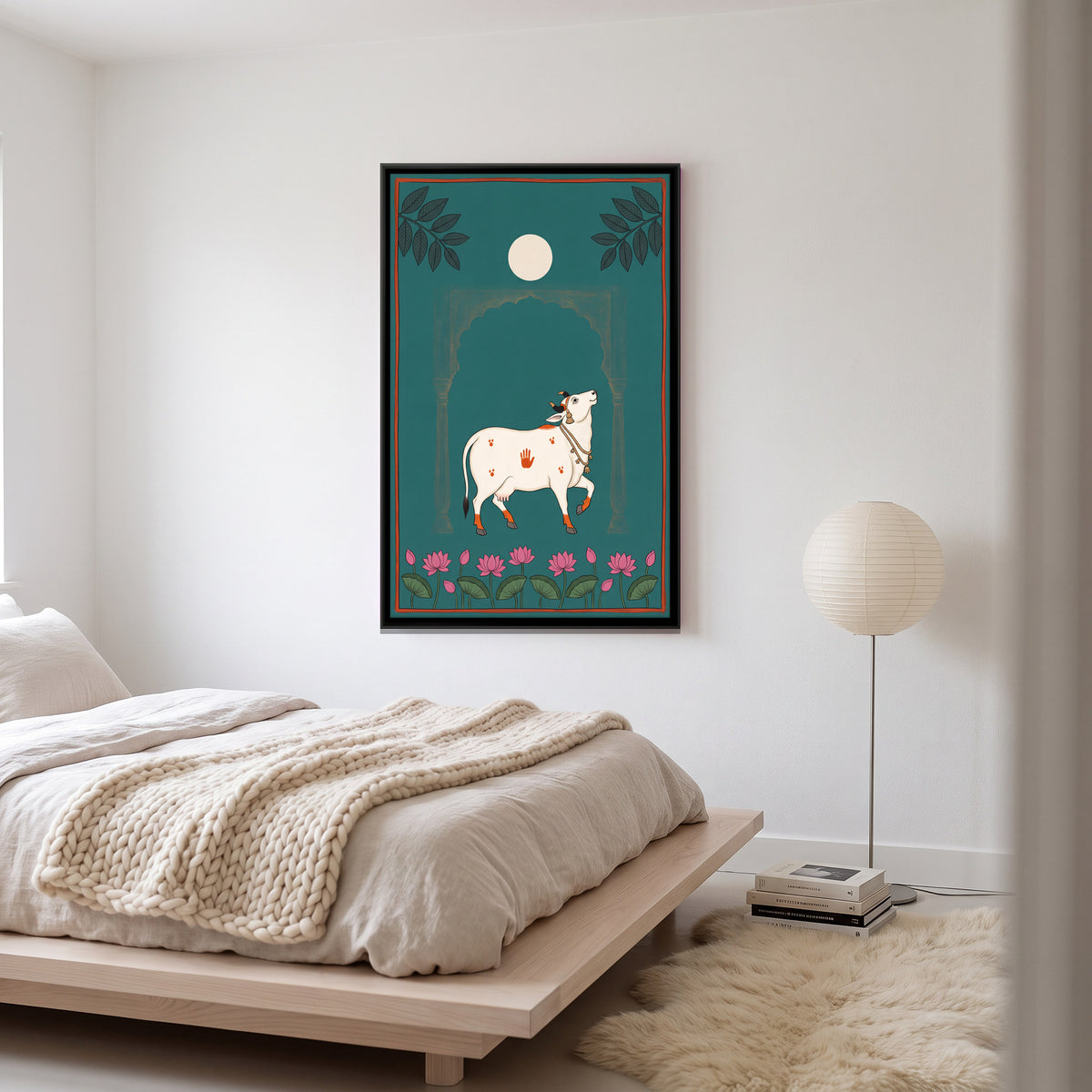 Gau Mata Beneath a Full Moon - canvas art shown in a styled room