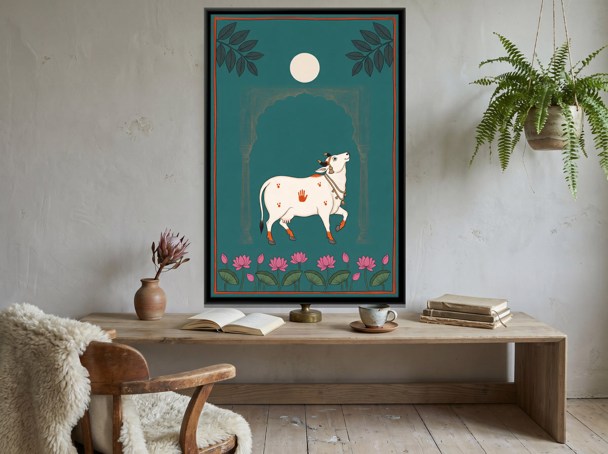 Gau Mata Beneath a Full Moon - canvas art shown in a second room setting