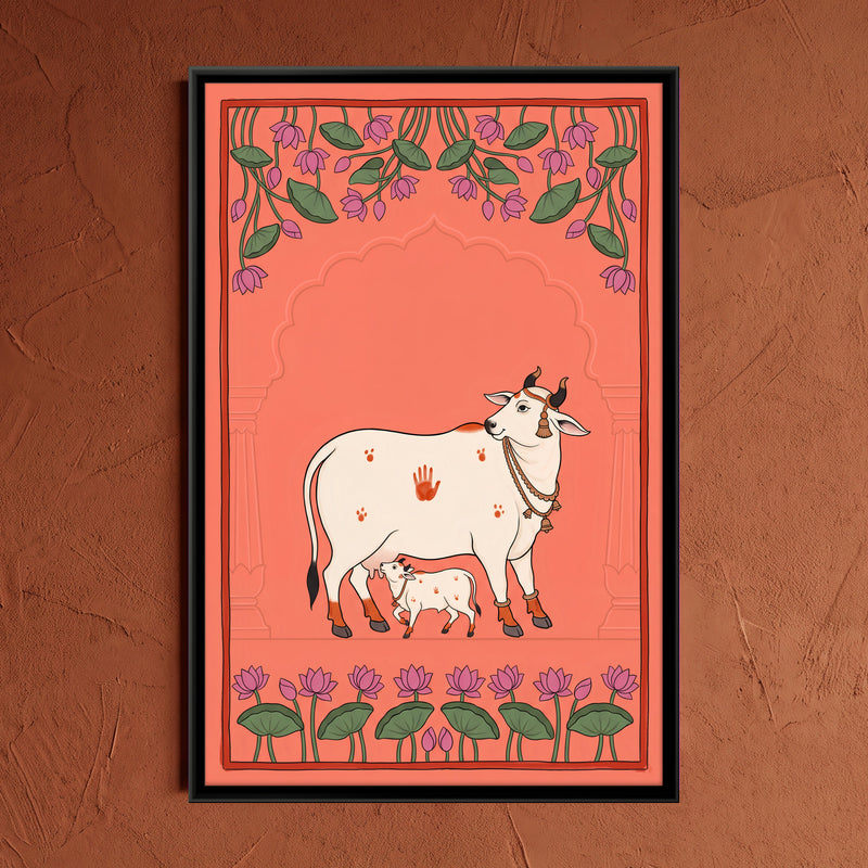 Gau Mata with Calf - framed canvas art hung on a wall
