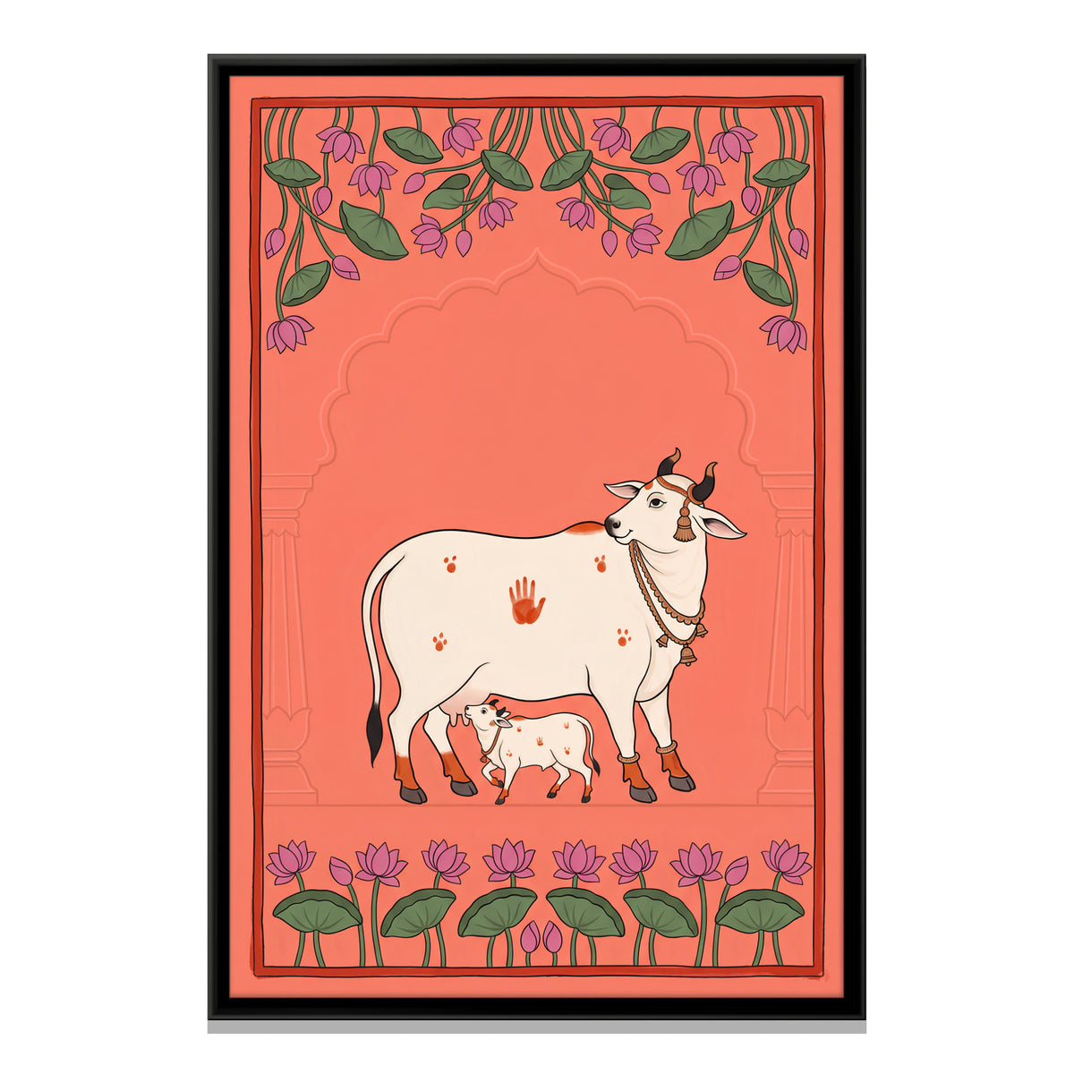Gau Mata with Calf - framed canvas print, front view