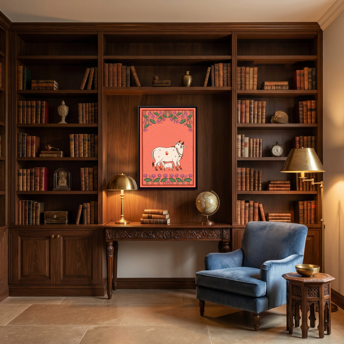 Gau Mata with Calf - canvas art shown in a styled room
