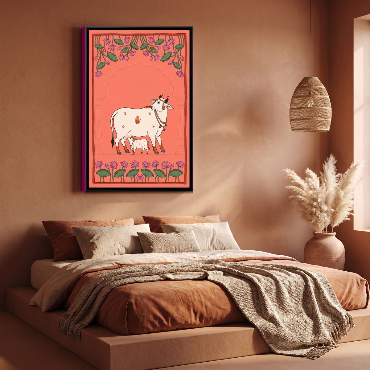 Gau Mata with Calf - canvas art shown in a second room setting