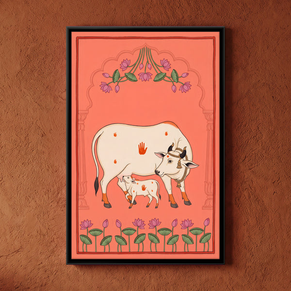 Cow and Calf with Lotus Border on Coral in Coral, 3:2