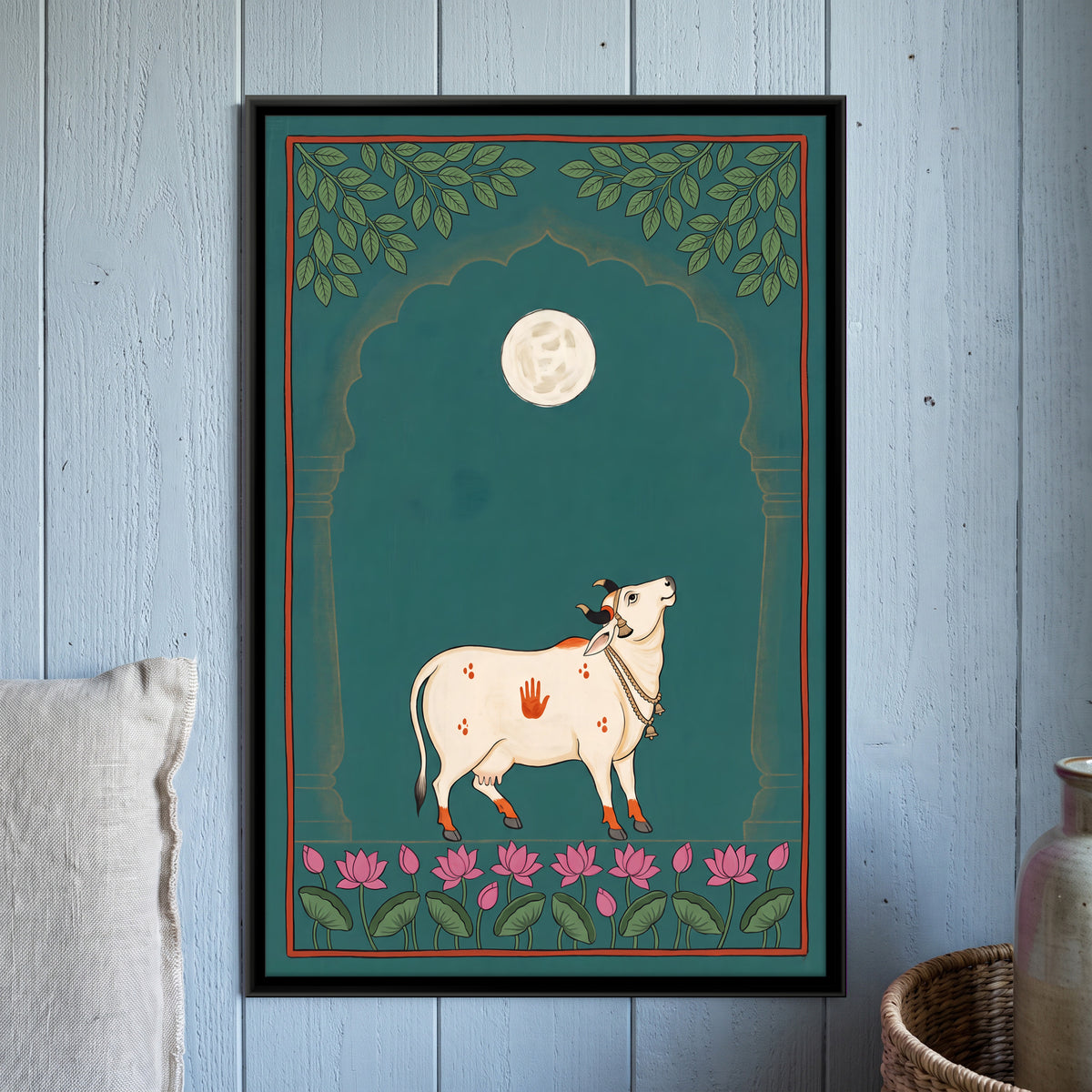 Gau Mata Beneath a Full Moon - framed canvas art hung on a wall