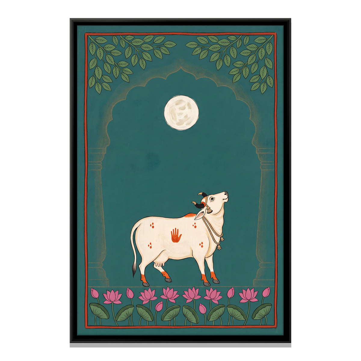 Gau Mata Beneath a Full Moon - framed canvas print, front view