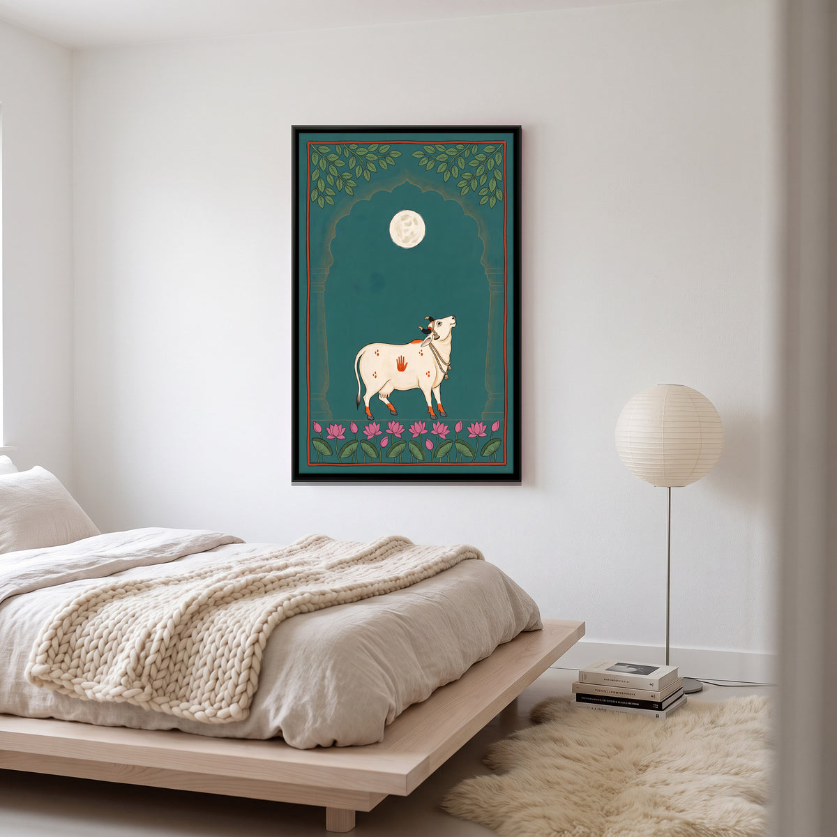 Gau Mata Beneath a Full Moon - canvas art shown in a styled room