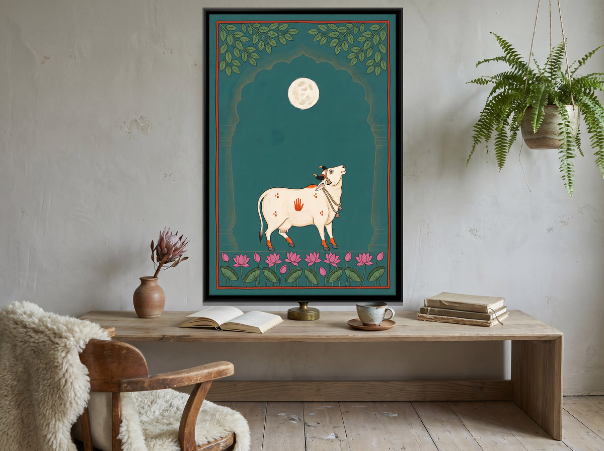 Gau Mata Beneath a Full Moon - canvas art shown in a second room setting