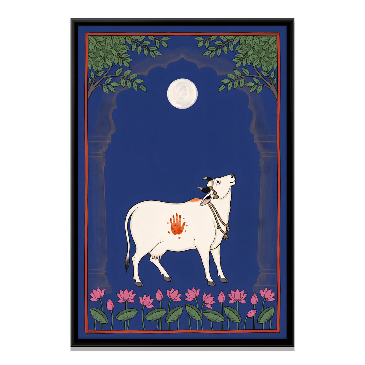 Gau Mata Beneath a Full Moon - framed canvas print, front view
