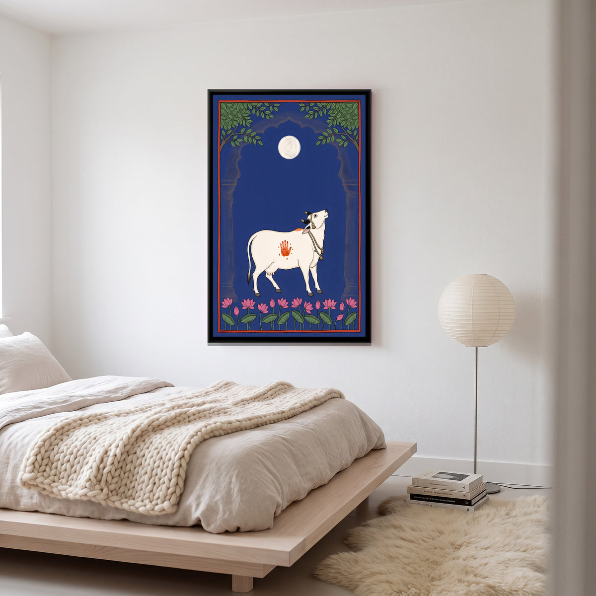 Gau Mata Beneath a Full Moon - canvas art shown in a styled room
