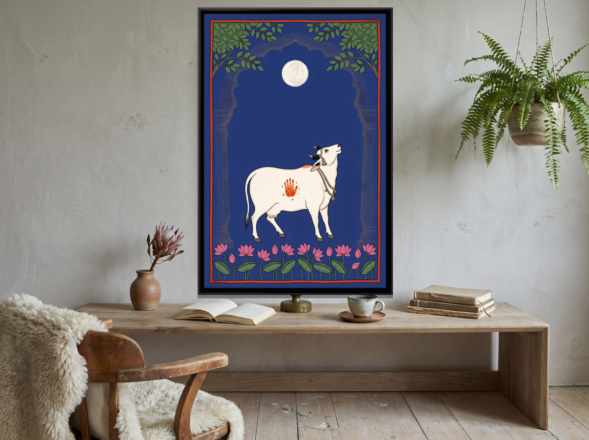 Gau Mata Beneath a Full Moon - canvas art shown in a second room setting
