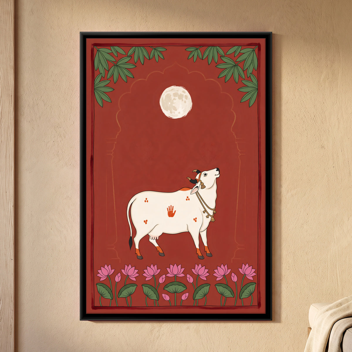 Gau Mata Beneath a Full Moon - framed canvas art hung on a wall