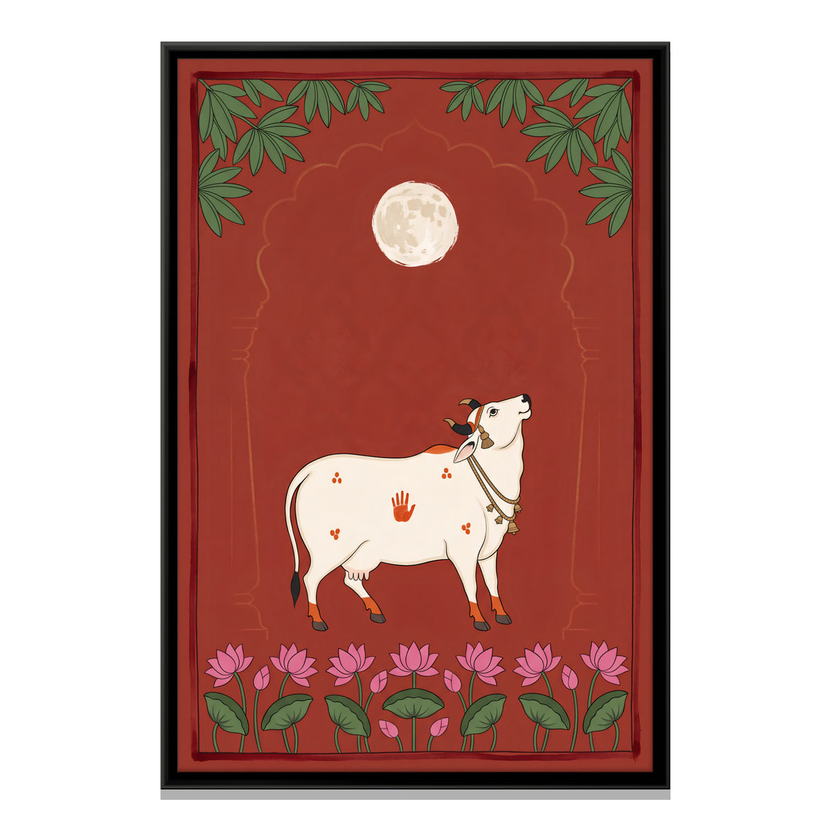 Gau Mata Beneath a Full Moon - framed canvas print, front view