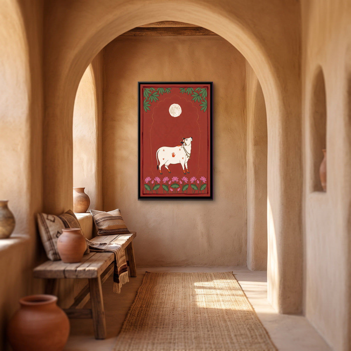 Gau Mata Beneath a Full Moon - canvas art shown in a styled room