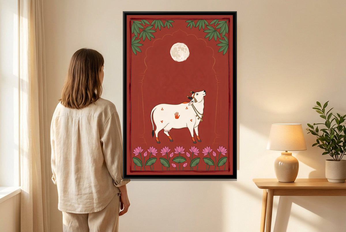 Gau Mata Beneath a Full Moon - canvas art shown in a second room setting