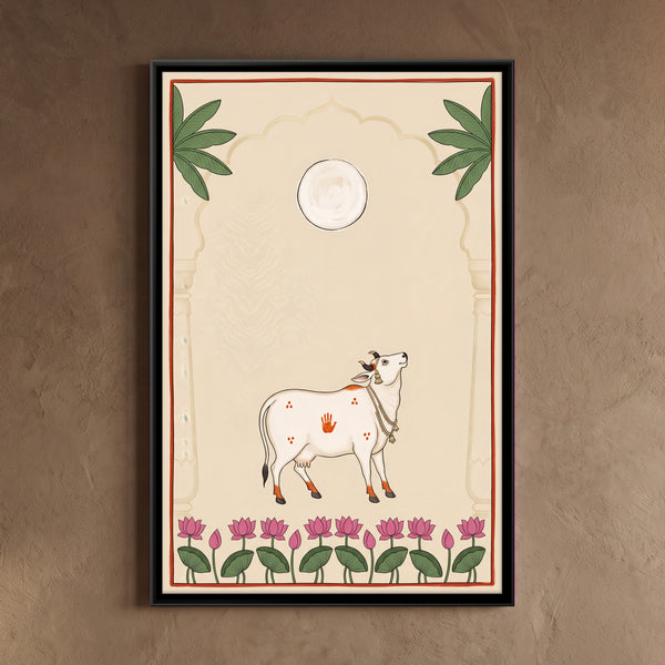 Sharad Purnima - Cow Beneath the Full Moon with a Lotus Border | Pichwai