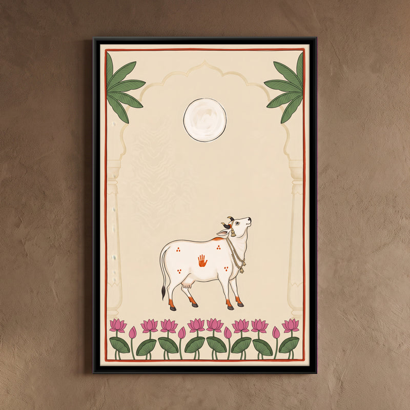 Gau Mata Beneath a Full Moon - framed canvas art hung on a wall