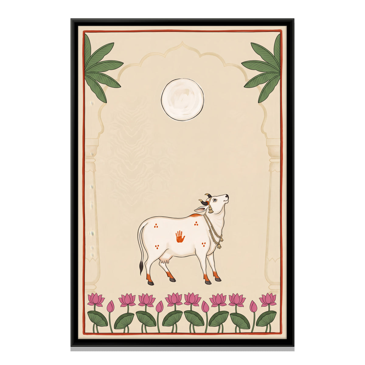 Gau Mata Beneath a Full Moon - framed canvas print, front view