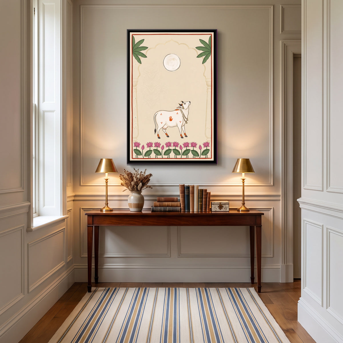 Gau Mata Beneath a Full Moon - canvas art shown in a second room setting