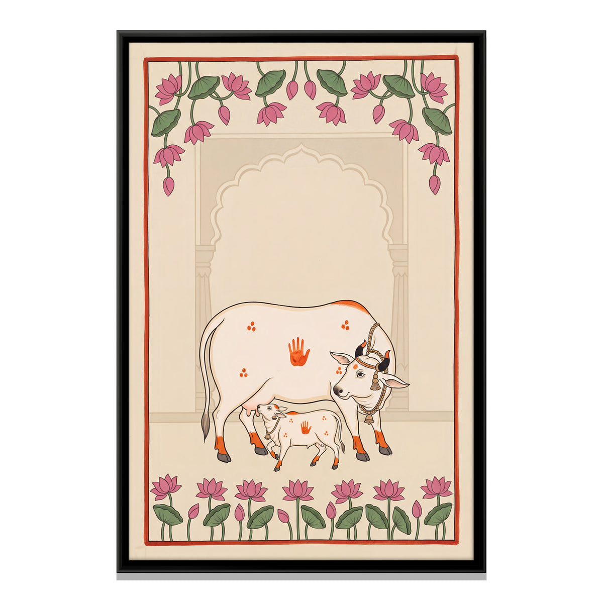 Gau Mata with Calf - framed canvas print, front view