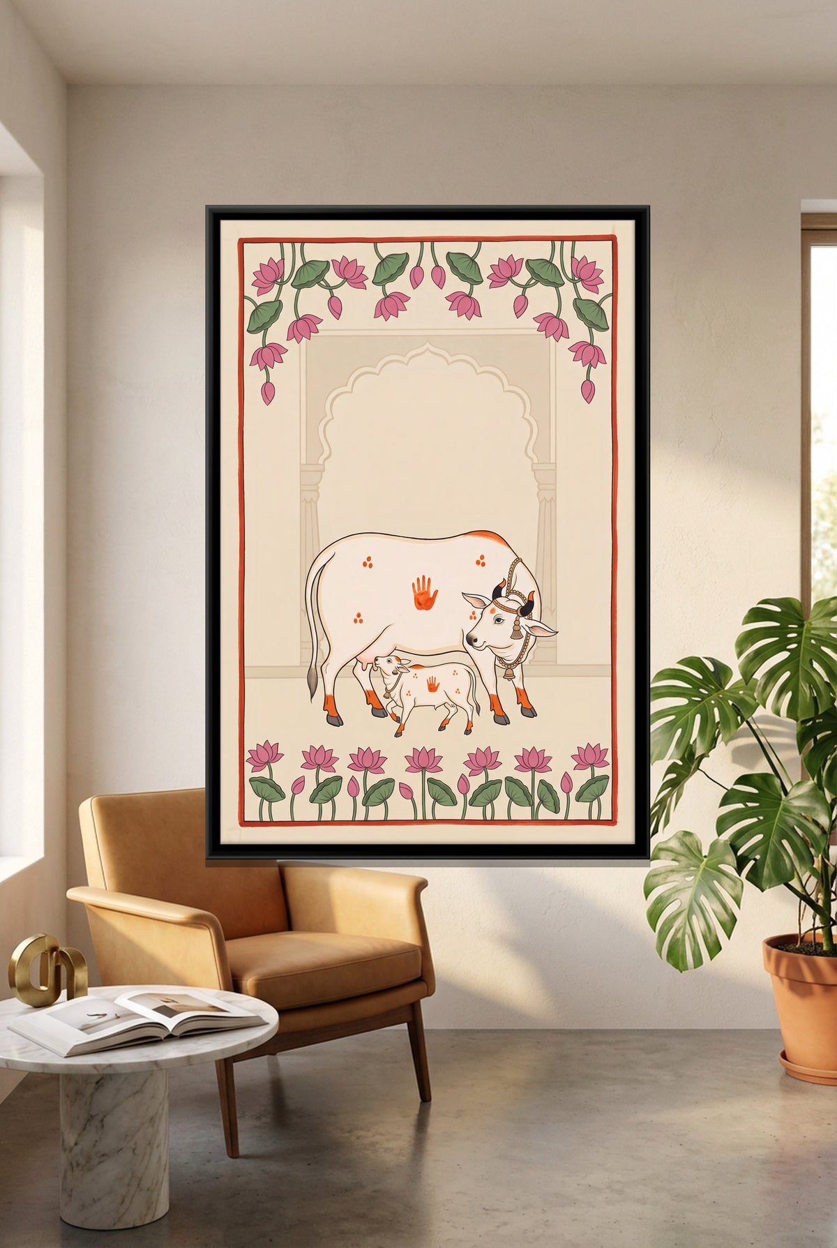 Gau Mata with Calf - canvas art shown in a styled room