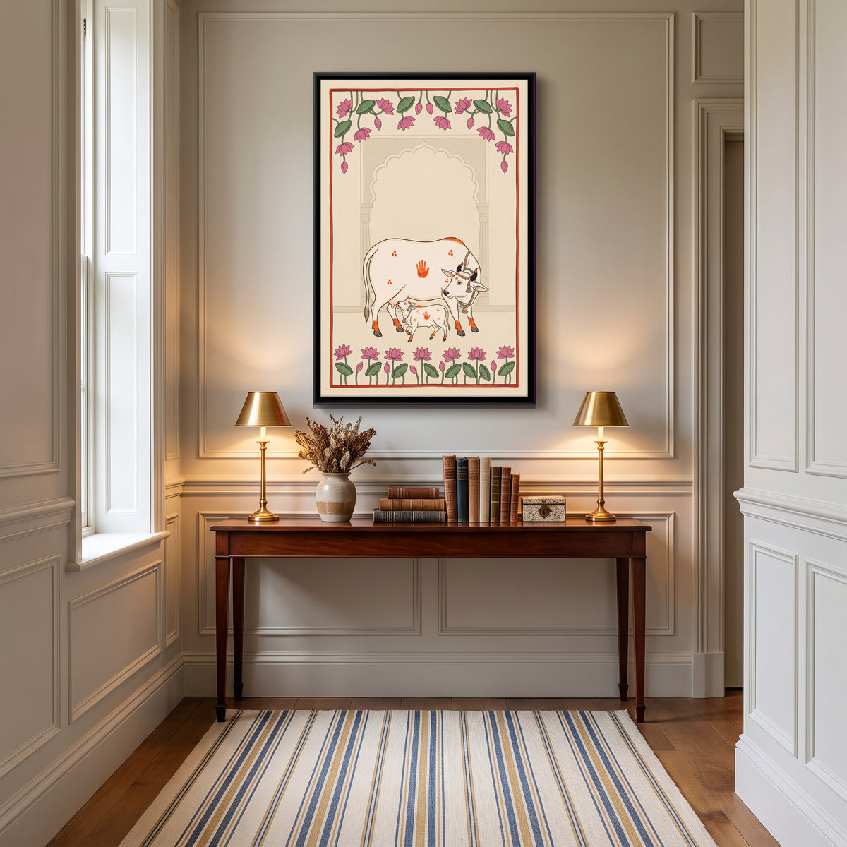 Gau Mata with Calf - canvas art shown in a second room setting