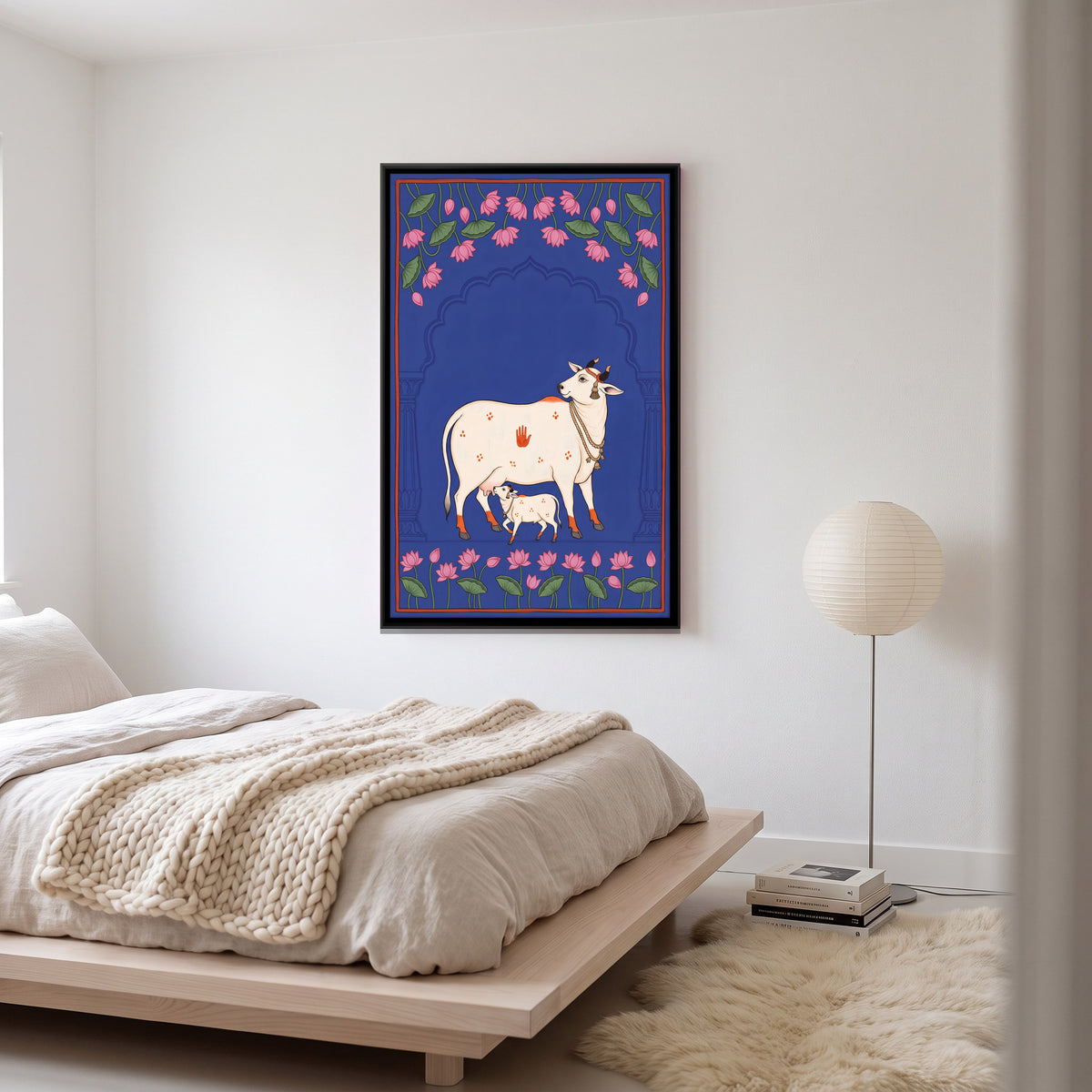 Gau Mata with Her Calf - canvas art shown in a styled room