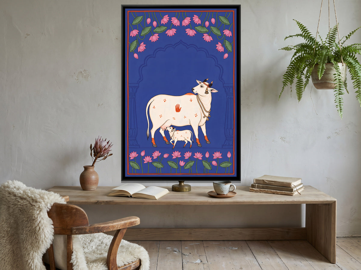 Gau Mata with Her Calf - canvas art shown in a second room setting