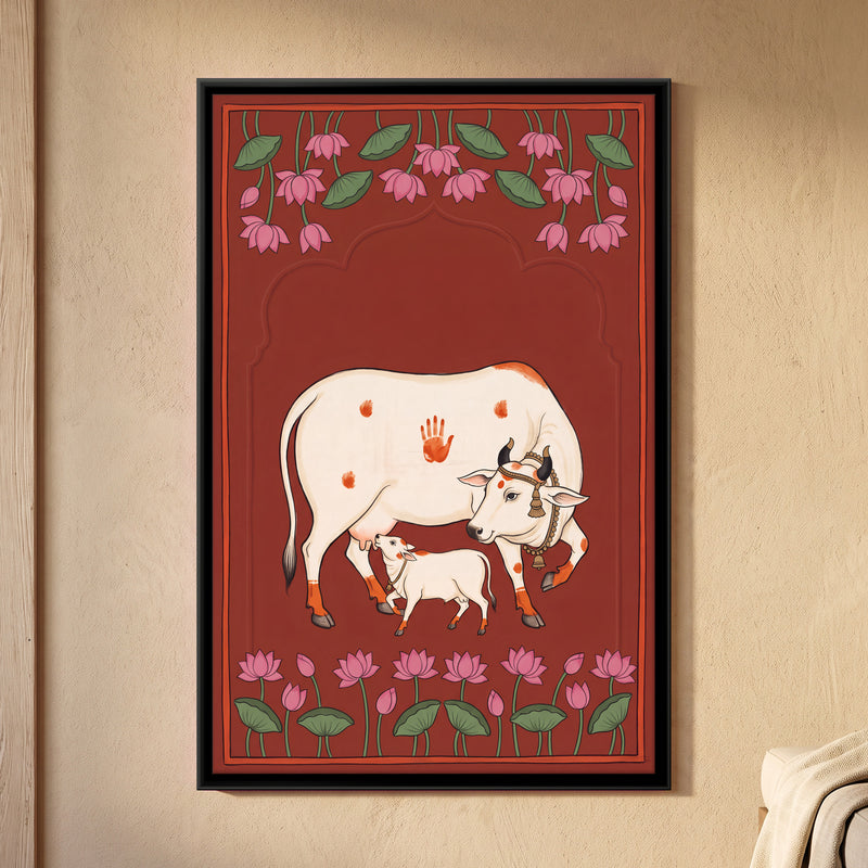 Gau Mata and Calf - framed canvas art hung on a wall