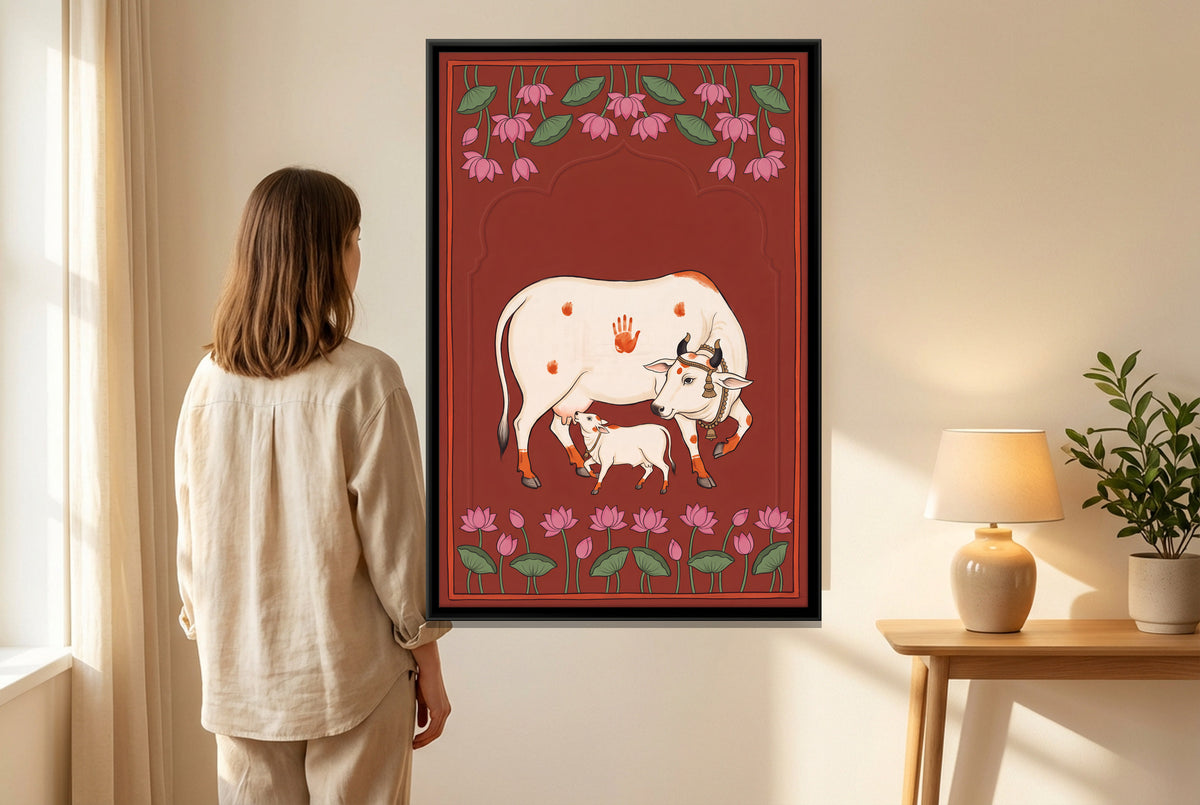 Gau Mata and Calf - canvas art shown in a styled room