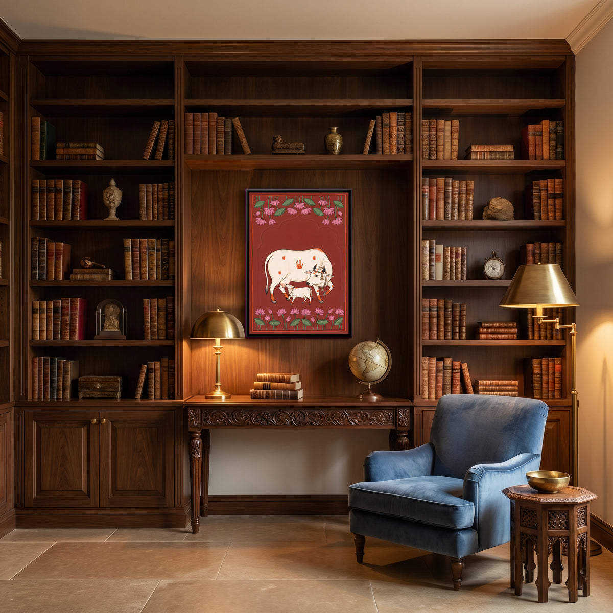 Gau Mata and Calf - canvas art shown in a second room setting